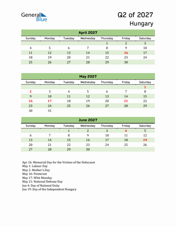 Quarterly Calendar 2027 with Hungary Holidays