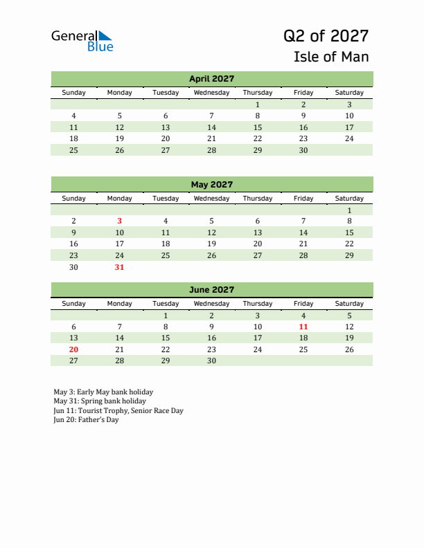 Quarterly Calendar 2027 with Isle of Man Holidays