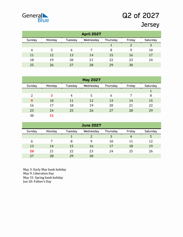 Quarterly Calendar 2027 with Jersey Holidays