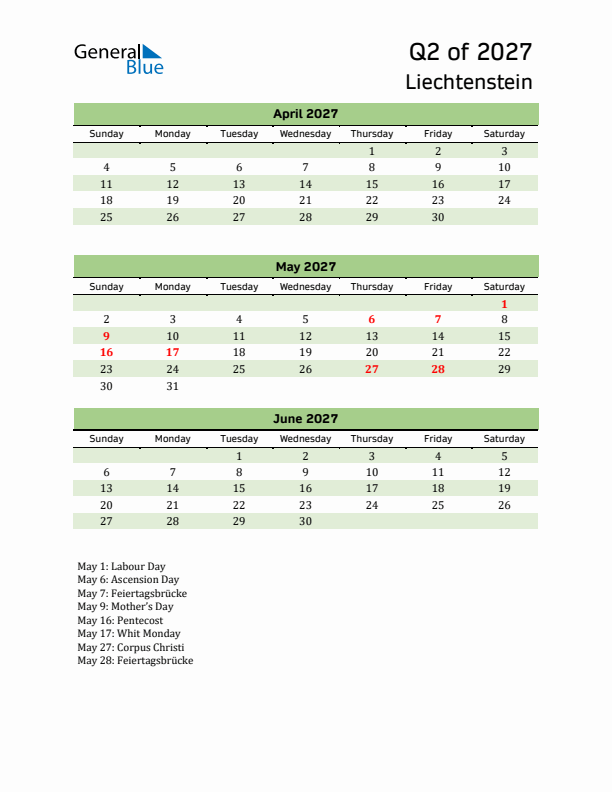 Quarterly Calendar 2027 with Liechtenstein Holidays