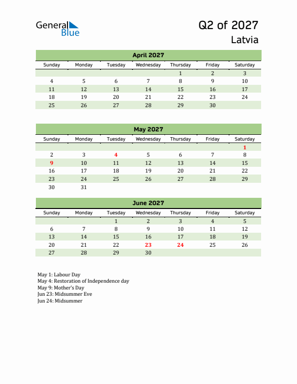 Quarterly Calendar 2027 with Latvia Holidays