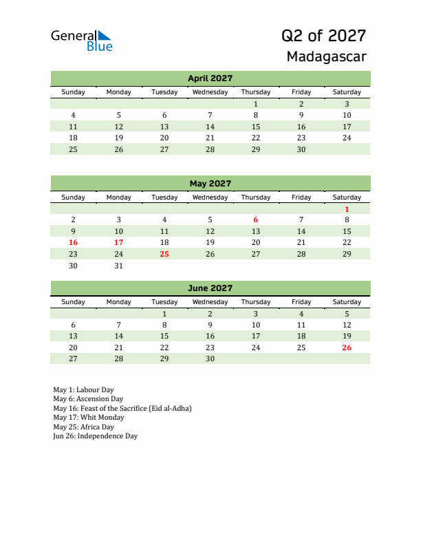 Quarterly Calendar 2027 with Madagascar Holidays