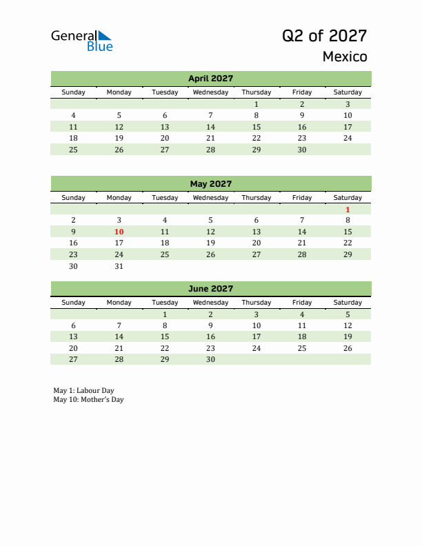 Quarterly Calendar 2027 with Mexico Holidays