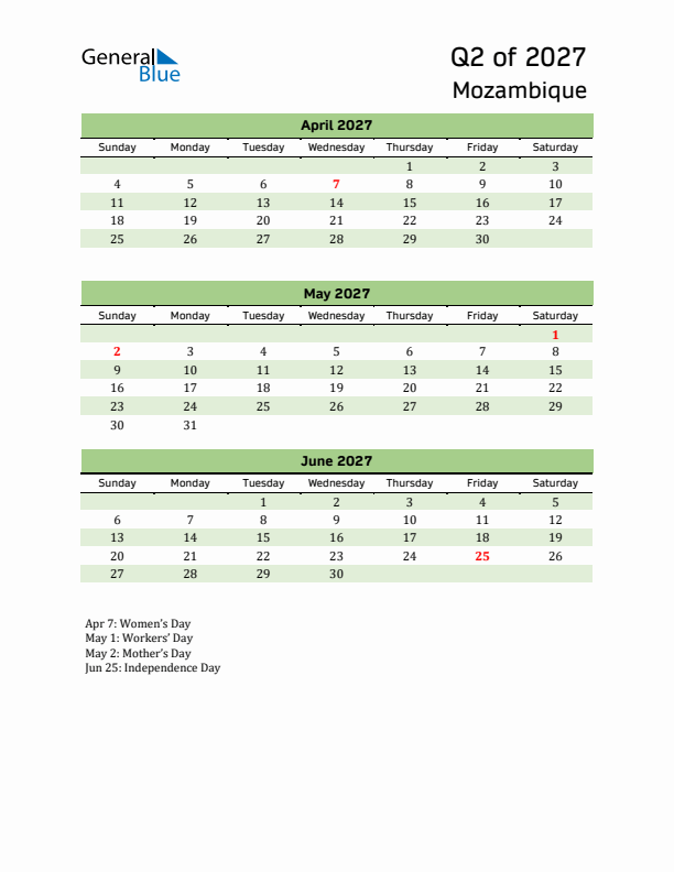 Quarterly Calendar 2027 with Mozambique Holidays