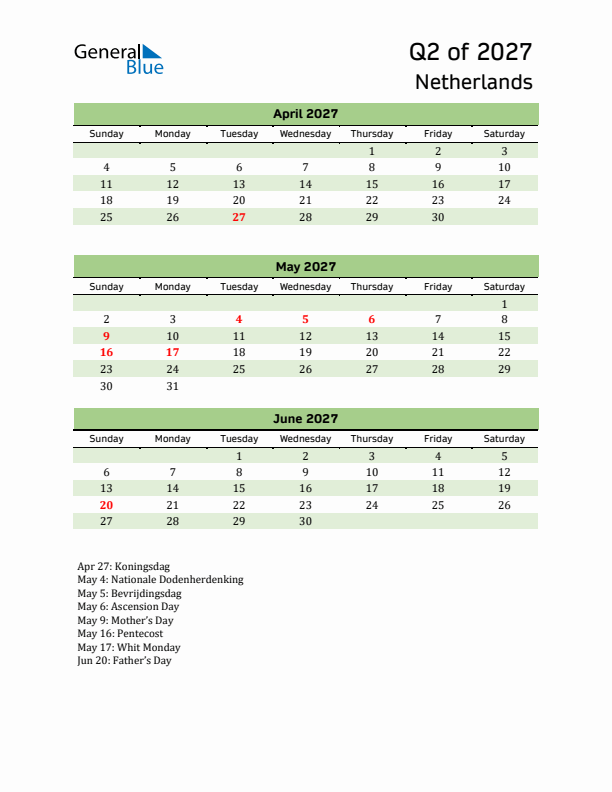 Quarterly Calendar 2027 with The Netherlands Holidays