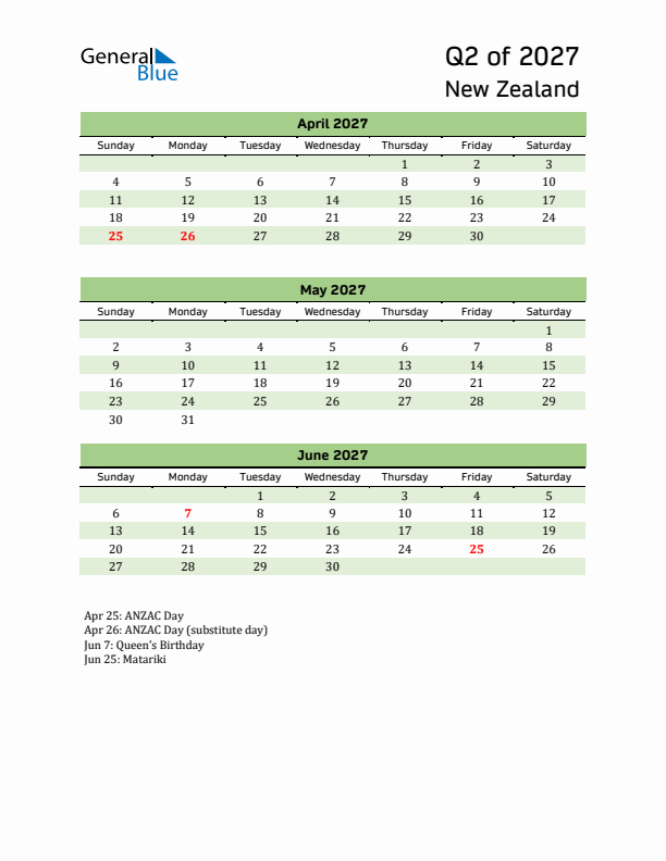 Quarterly Calendar 2027 with New Zealand Holidays