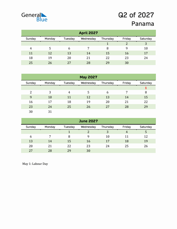 Quarterly Calendar 2027 with Panama Holidays