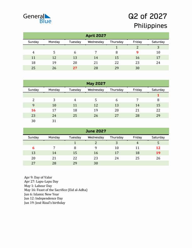 Quarterly Calendar 2027 with Philippines Holidays