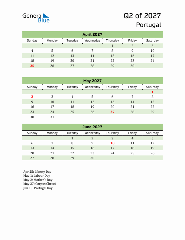 Quarterly Calendar 2027 with Portugal Holidays