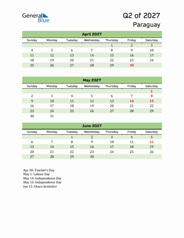 Quarterly Calendar 2027 with Paraguay Holidays