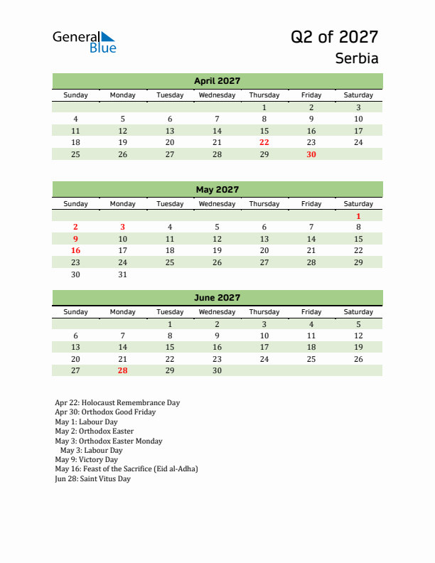 Quarterly Calendar 2027 with Serbia Holidays