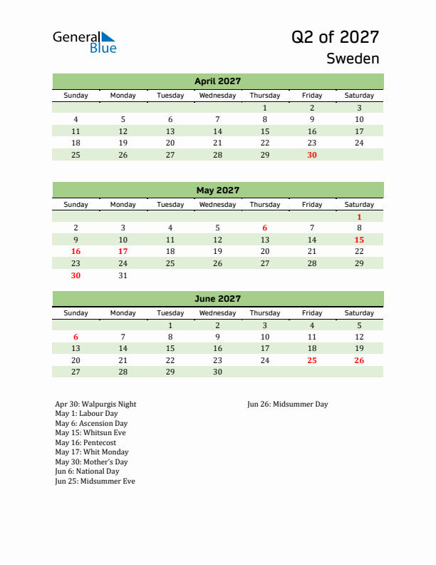 Quarterly Calendar 2027 with Sweden Holidays