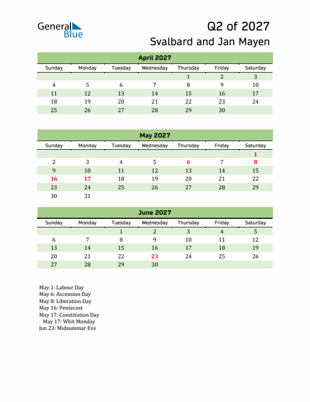 Quarterly Calendar 2027 with Svalbard and Jan Mayen Holidays