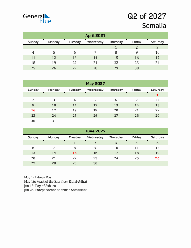 Quarterly Calendar 2027 with Somalia Holidays