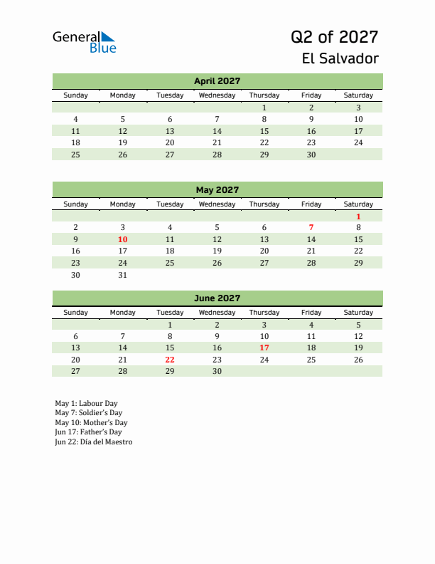 Quarterly Calendar 2027 with El Salvador Holidays