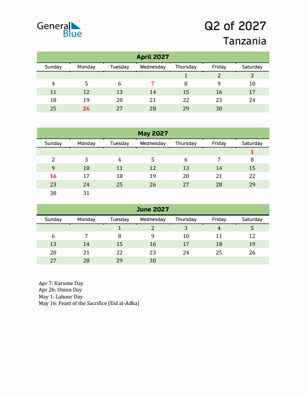 Quarterly Calendar 2027 with Tanzania Holidays