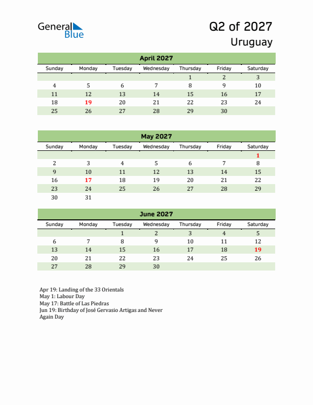 Quarterly Calendar 2027 with Uruguay Holidays