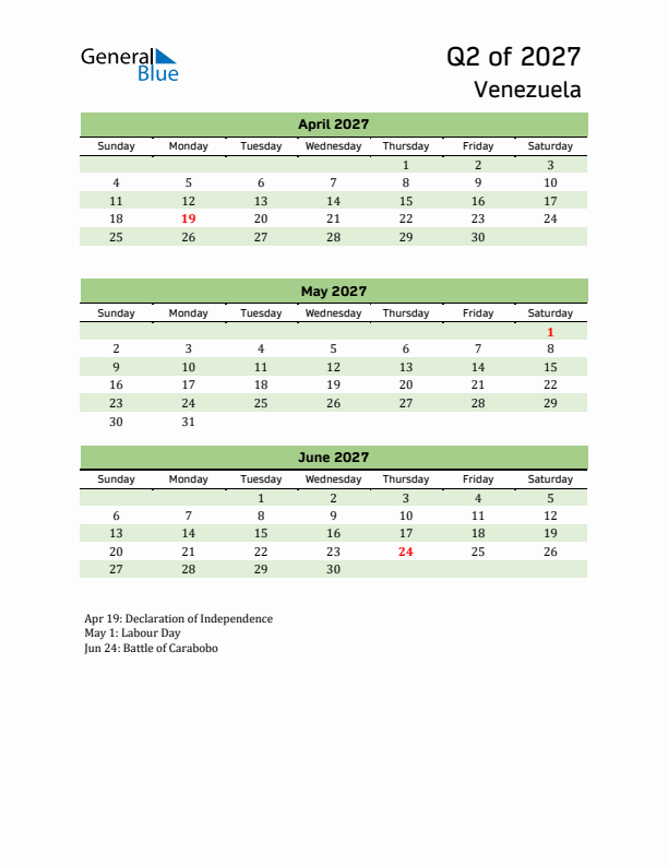 Quarterly Calendar 2027 with Venezuela Holidays