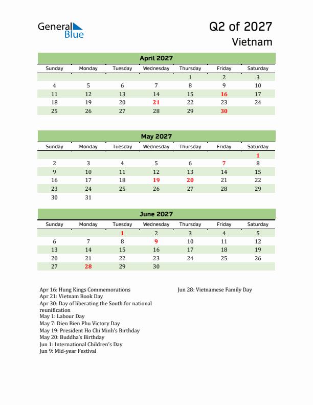 Quarterly Calendar 2027 with Vietnam Holidays