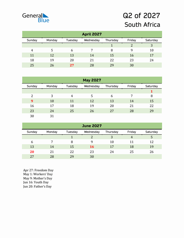 Quarterly Calendar 2027 with South Africa Holidays