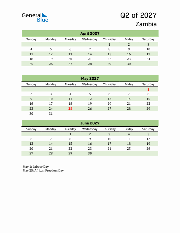 Quarterly Calendar 2027 with Zambia Holidays