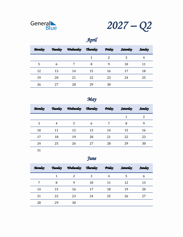 Monday Start 2027 Quarterly Calendar