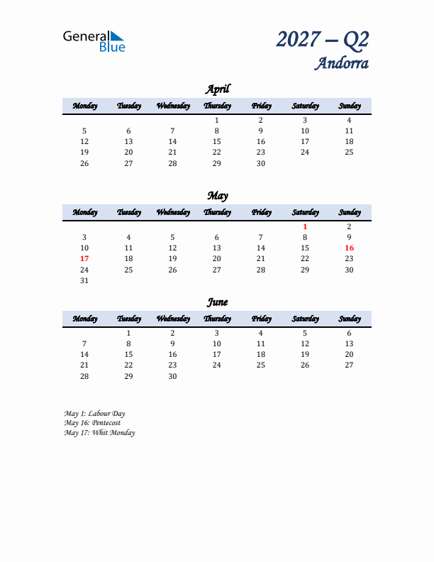 April, May, and June Calendar for Andorra with Monday Start