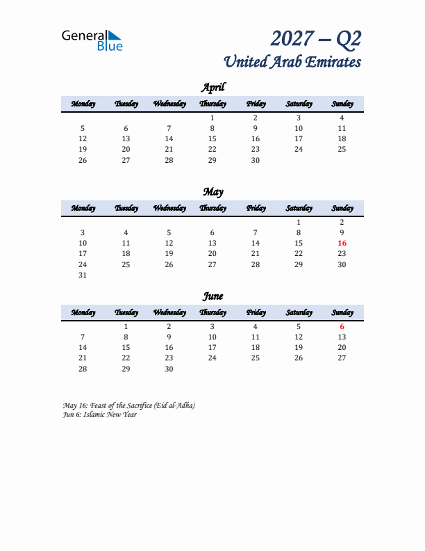 April, May, and June Calendar for United Arab Emirates with Monday Start