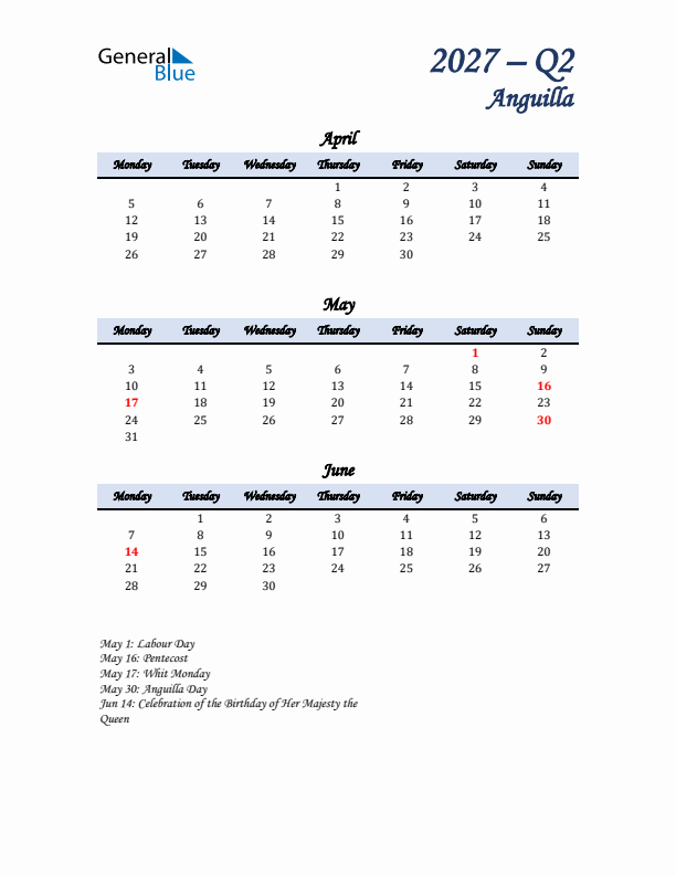 April, May, and June Calendar for Anguilla with Monday Start