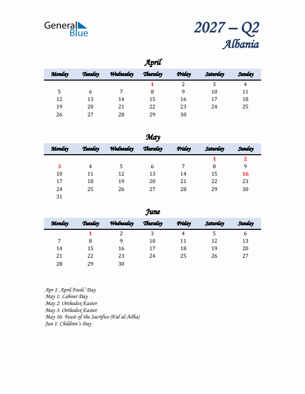 April, May, and June Calendar for Albania with Monday Start