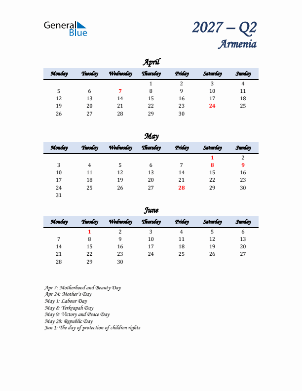 April, May, and June Calendar for Armenia with Monday Start