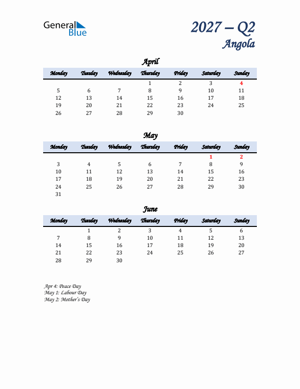 April, May, and June Calendar for Angola with Monday Start