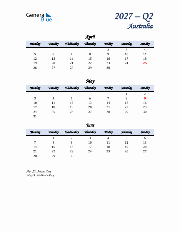 April, May, and June Calendar for Australia with Monday Start