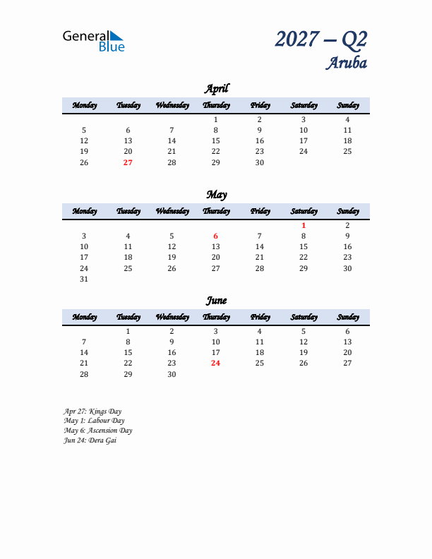 April, May, and June Calendar for Aruba with Monday Start