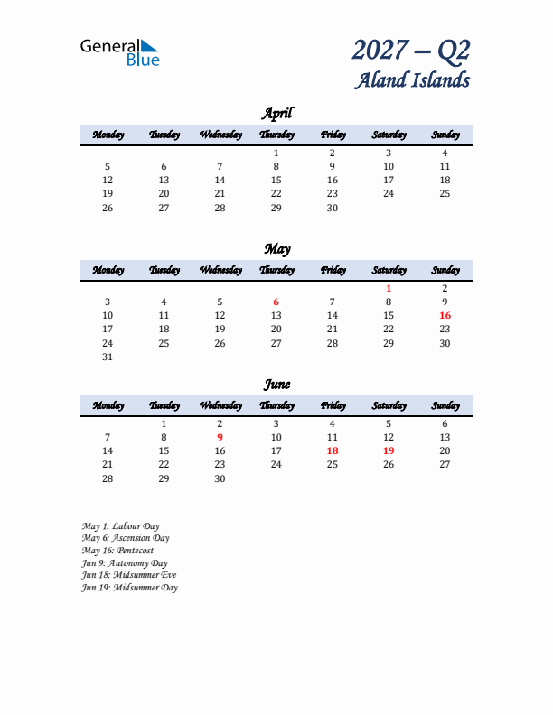 April, May, and June Calendar for Aland Islands with Monday Start