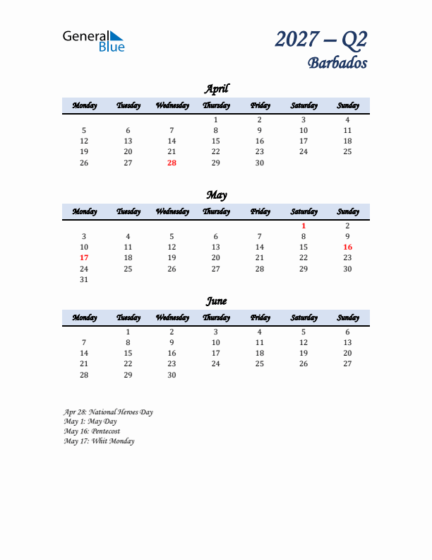 April, May, and June Calendar for Barbados with Monday Start