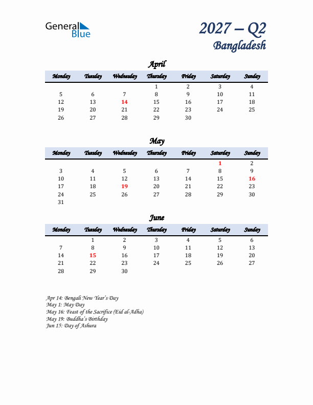 April, May, and June Calendar for Bangladesh with Monday Start