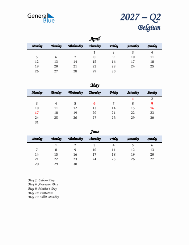 April, May, and June Calendar for Belgium with Monday Start