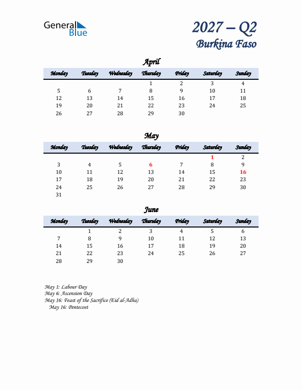 April, May, and June Calendar for Burkina Faso with Monday Start