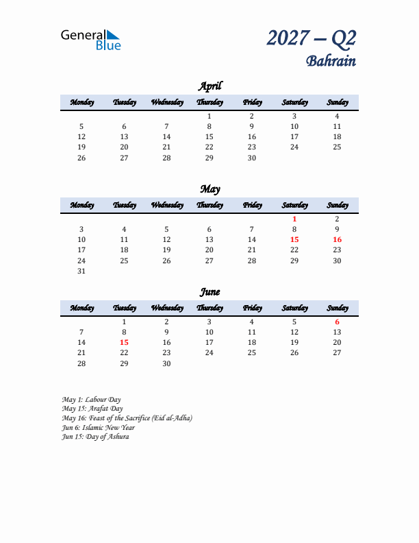 April, May, and June Calendar for Bahrain with Monday Start