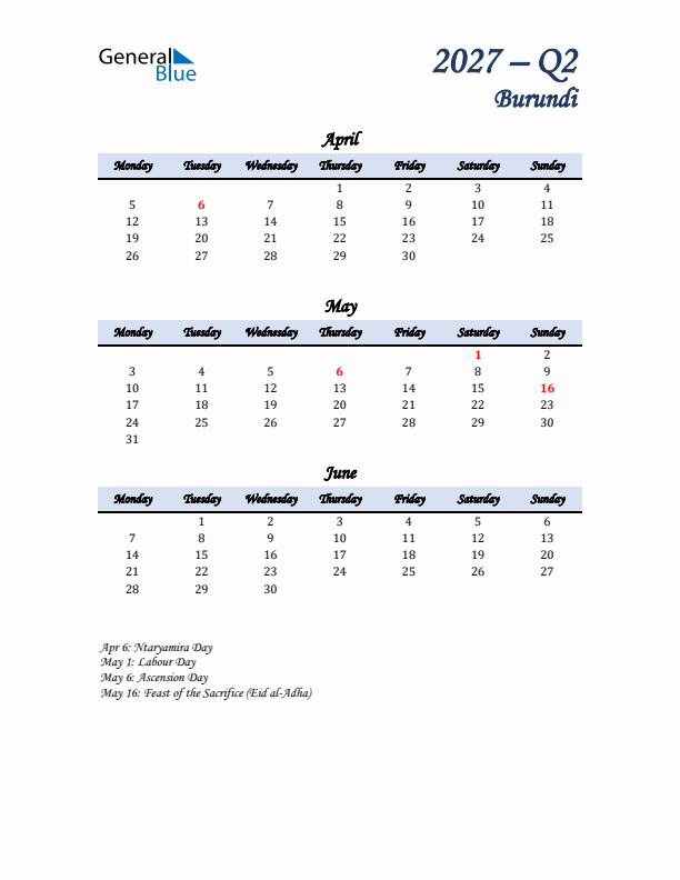 April, May, and June Calendar for Burundi with Monday Start