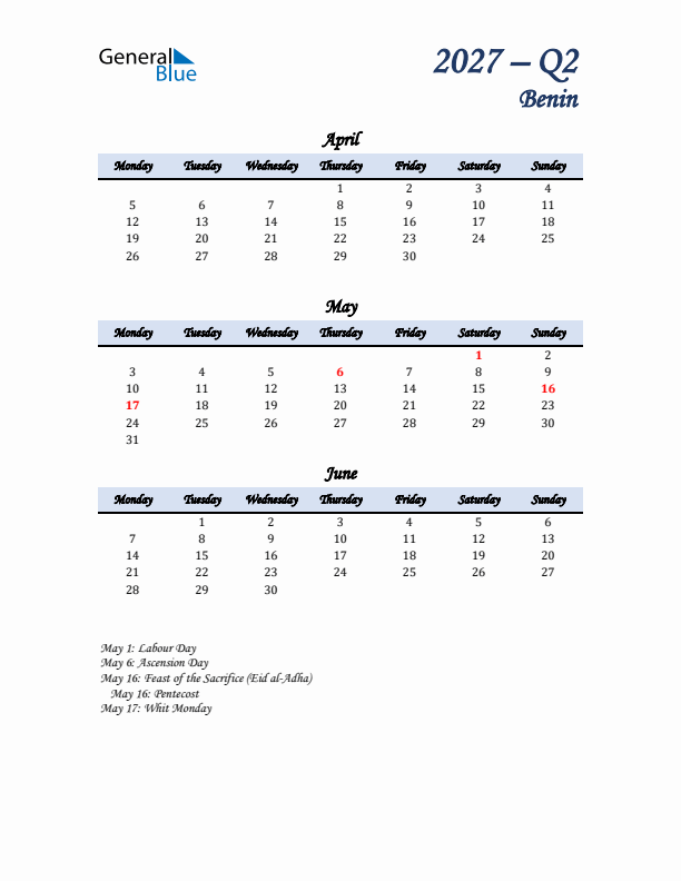 April, May, and June Calendar for Benin with Monday Start