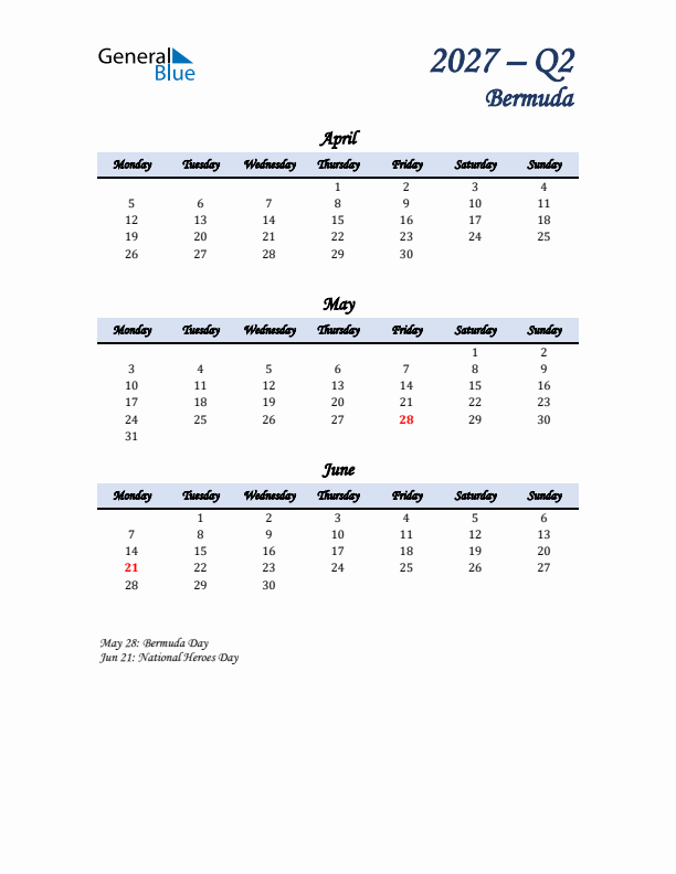 April, May, and June Calendar for Bermuda with Monday Start