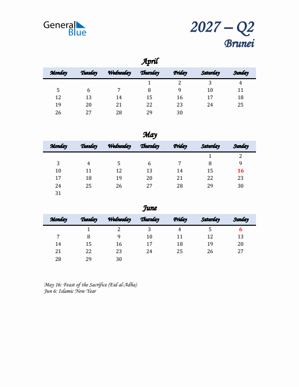 April, May, and June Calendar for Brunei with Monday Start