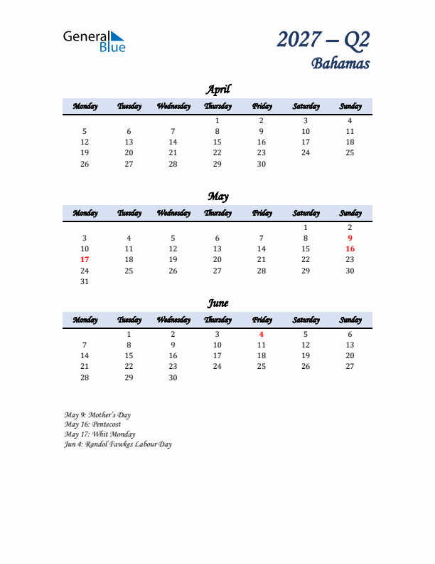 April, May, and June Calendar for Bahamas with Monday Start