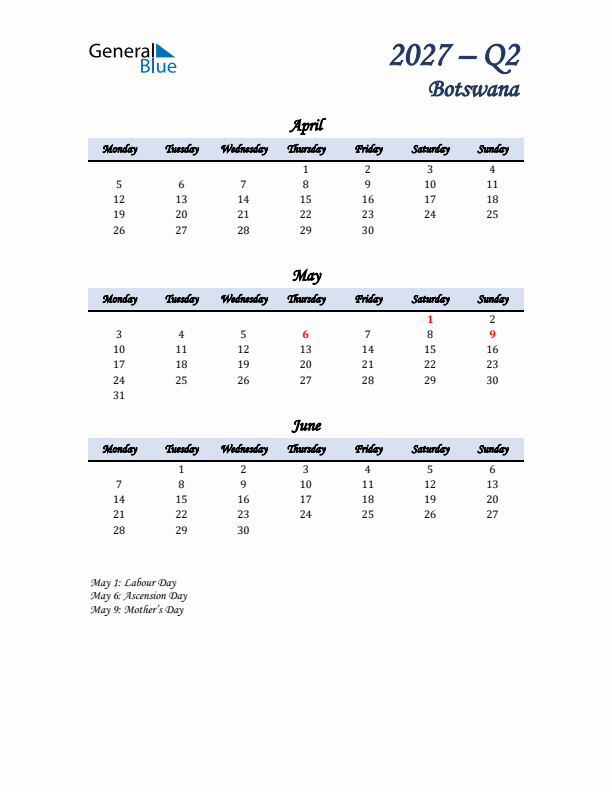 April, May, and June Calendar for Botswana with Monday Start