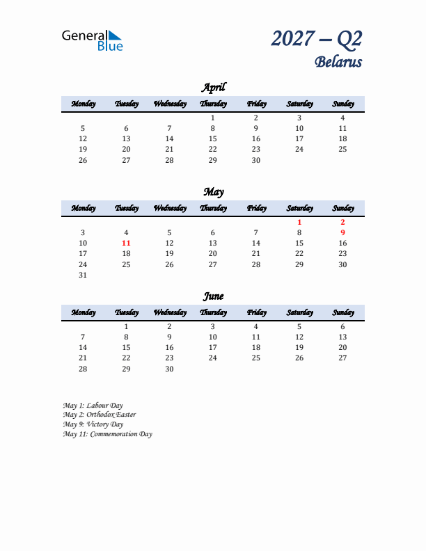 April, May, and June Calendar for Belarus with Monday Start