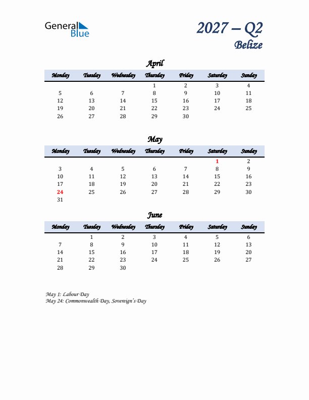 April, May, and June Calendar for Belize with Monday Start