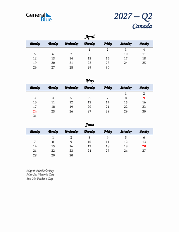 April, May, and June Calendar for Canada with Monday Start