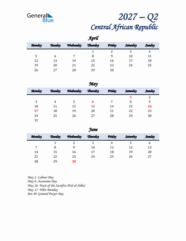 April, May, and June Calendar for Central African Republic with Monday Start